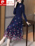 皮尔卡丹2023年夏季新款法式中长款气质收腰显瘦长袖针织网纱刺绣连衣裙子 藏蓝色 2XL
