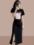 皮尔卡丹黑色开叉连衣裙女夏收腰显瘦设计感小众立体花朵中长款气质T恤裙 黑色 M （建议100斤以内）