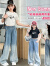 迪士尼（Disney）女童裤子夏季2024新款儿童直筒牛仔阔腿裤夏装印花T恤童装两件套8 牛仔裤 170cm