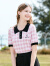 百图betu女装夏新款针织衫减龄甜美复古Polo领格纹短袖女2303T03 粉红 L