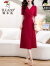啄木鸟（TUCANO）杭州真丝连衣裙女装夏季新款V领气质高腰短袖纯色桑蚕丝裙子 红色 XL