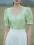 茵曼自然凉·小凉衫法式短袖衬衣女2023年夏新款方领泡泡袖白上衣 水绿色 S