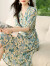 拉夏贝尔（La Chapelle）碎花连衣裙女2024夏季新款女装V领收腰显瘦感气质中长款裙子 蓝绿 M