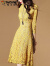 啄木鸟蕾丝连衣裙2024夏季新款女中长款七分袖修身显瘦名媛气质a字裙子 黄色 S 98斤以下
