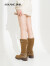 奥康（Aokang）官方女靴 冬季新款绒面褶皱弹力靴粗跟西部时尚牛仔靴 卡其 单层 39