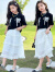 迪士尼（Disney）女童半身裙套装夏季中大童套裙蛋糕裙甜美棉短袖T恤半身裙两件套 黑色T恤 120cm