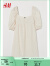 H&M夏季女装梭织面料泡泡袖连衣裙0942663 浅米色/白色格纹 155/76