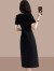 皮尔卡丹黑色开叉连衣裙女夏收腰显瘦设计感小众立体花朵中长款气质T恤裙 黑色 M （建议100斤以内）