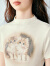 乐町甜美浪漫半高领猫咪图案印花正肩短袖2024夏季新款修身T恤 米白（现货） M
