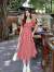Jret2023夏新款小香风红色格子连衣裙女法式方领收腰显瘦气质中长裙子 778#红色格子裙 M