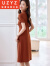 UZYZ2024夏季新款新中式国风盘扣收腰抽褶设计合体显瘦连衣裙 焦糖色 S