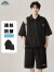 顶峰保罗（Dingfengbaoluo）休闲套装夏季短袖短裤薄款宽松透气运动男士套装TZ056黑色3XL