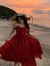 杜赫Blovelan玫瑰炽影 气质浪漫玫瑰系带大摆收腰显瘦吊带连衣裙新 暗红色连衣裙 s