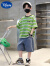 迪士尼（Disney）男童夏装牛仔套装2024新款夏季洋气条纹短袖炸街儿童装帅气时髦潮 绿色字母套装 140cm适合年龄8-9岁