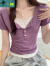 卡洛珂女生衣服纯欲蕾丝花边短袖T恤女夏季设计感正肩半开领假两件上衣 1410#浅紫 S