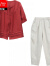 皮尔卡丹棉麻套装新款女2024年夏季宽松时尚显瘦遮肚拼接苎麻裤两件装针织 红色+米白色裤 M(适合90-115斤左右)