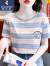 啄木鸟短袖T恤女条纹T恤女短袖23年夏季新款刺绣宽松半袖休闲纯棉圆领上 1589蓝色 L(建议110-125斤)