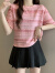 欧贝汐泡泡袖夏新款设计感小众甜美条纹短袖t恤女正肩 粉红色 L