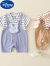 迪士尼婴儿衣服纯棉0-1岁男宝宝短袖连体衣夏季薄款哈衣爬服新生儿衣服 蓝色 80(适合70-75cm，9-12个月)