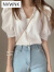 NVWNK复古洋气衬衫设计感小众V领蕾丝镂空雪纺衫女夏季短袖泡泡袖衬衫 白色 XL