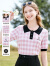 百图betu女装夏新款针织衫减龄甜美复古Polo领格纹短袖女2303T03 粉红 L