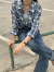 JOOLE YAYI2024夏季韩版宽蓝色格子衬衫长袖凉感潮流女装 墨蓝格子衬衣 均码