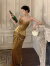 圣洛影宝法式复古赫本风丝绒连衣裙女气质高级性感长宴会 金色 XS