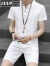吉普（JEEP）夏季男士唐装t恤薄款中国风汉服亚麻短裤套装大码宽松短袖两件套 白色 M