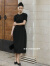 TLOUU2024春季新品女装法式赫本风收腰短袖连衣裙圆领泡泡袖气质小黑裙 黑色 S