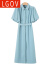 LGOV2024夏季新款修身衬衫裙高腰系腰带翻领泡泡短袖连衣裙 蓝色 L