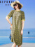 歌珀莱品牌女装真丝桑蚕丝连衣裙女短袖2020新款夏季中长款海边度假沙滩裙 黄色 2XL