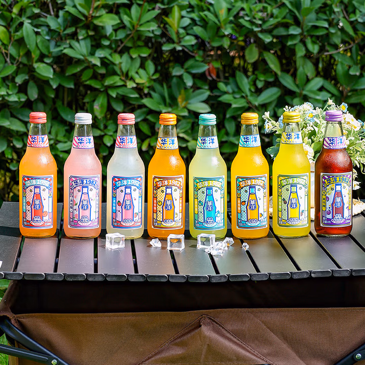 华洋1982汽水果味碳酸饮料玻璃瓶358ml*6瓶整箱低糖0脂饮品