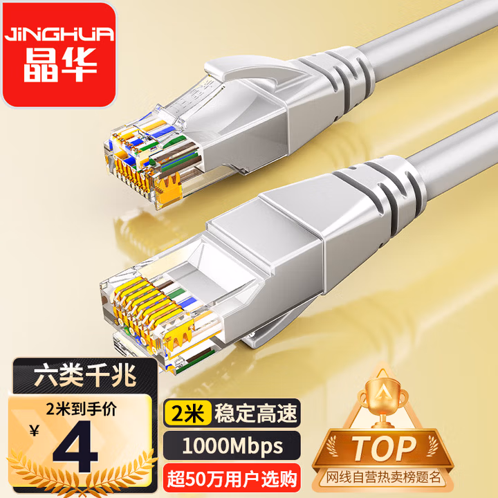 晶华 六类CAT6类网线 高速千兆网络连接线 家用电脑宽带机顶盒非屏蔽8芯双绞工程跳线 灰色2米 W191G