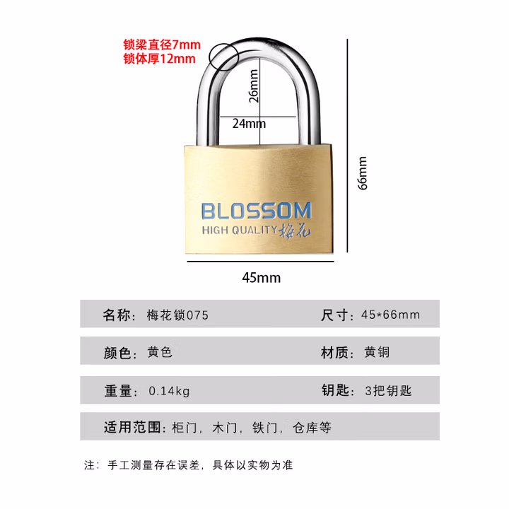 梅花（BLOSSOM）铜挂锁 宿舍家用门锁 防盗窗锁防水防锈锁 车厢柜门锁45M