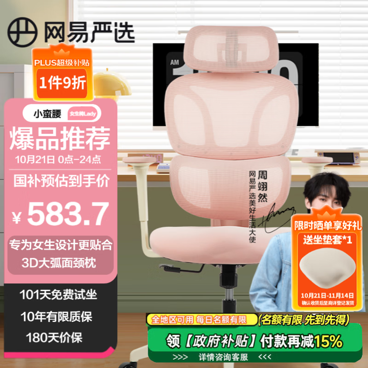 网易严选 小蛮腰系列 S9 Lady 人体工学电脑椅 无搁脚款 Plus会员国补后¥518.84