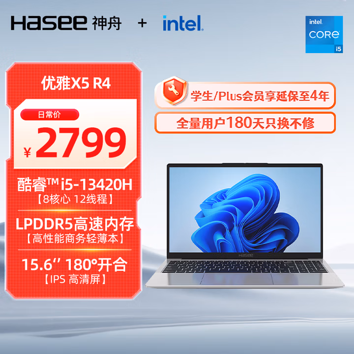 神舟（HASEE）【国家补贴20%】优雅X5 13代酷睿i5 15.6英寸轻薄商务笔记本电脑(i5-13420H 16GB  512G 1080P)银