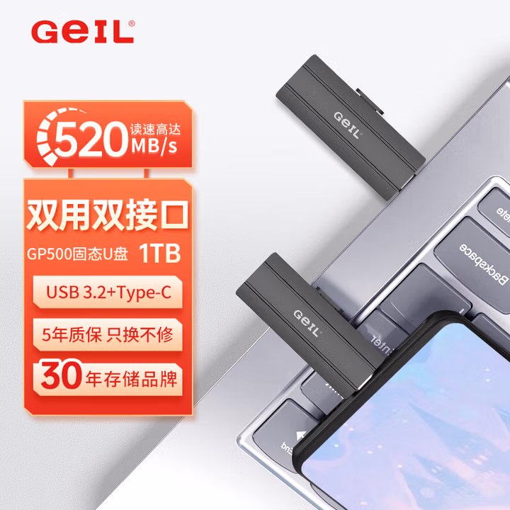 GEIL金邦 1TB Type-C USB3.2固态U盘 读速520MB/s高速双接口手机U盘 大容量办公车载优盘 GP500系列