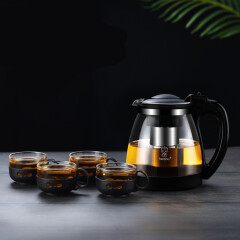 禾艾苏（heisou）玻璃茶壶大容量耐热玻璃花茶壶泡茶器不锈钢过滤冲茶器功夫茶具 2000ml茶壶+4个杯子