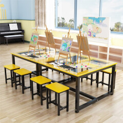 爱儿舒（LOVSSU） 美术绘画桌钢化玻璃教室书法学生辅导培训桌画室中小学手工台 黄色配黑架（不含凳） 长120宽120高74cm