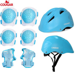 美洲狮（COUGAR） 儿童轮滑鞋护具头盔套装轮滑儿童运动防护自行车滑板护具头盔 7件套 蓝色（护具+头盔） S码（适合20-40斤左右穿戴）