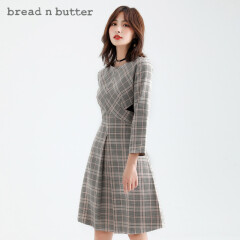 bread n butter连衣裙女法式街拍优雅复古赫本风格子收腰长袖连衣裙女 杏色 160XS