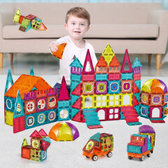 纽奇儿童磁力片积木玩具彩窗3-6岁男女孩玩具磁力小车大颗粒积木186件