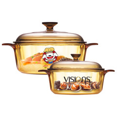 康宁VISIONS 1.25L+2.25L晶彩透明耐热玻璃汤锅 家用锅具套装