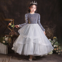 乖奇奇（ALERTCHYCHY）女童礼服冬季花童婚礼小女孩公主裙儿童主持人钢琴演奏演出服长袖 灰色长袖长款 110