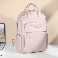 高尔夫（GOLF）双肩包女15.6英寸笔记本电脑包时尚女士背包出差书包大学生皮粉色