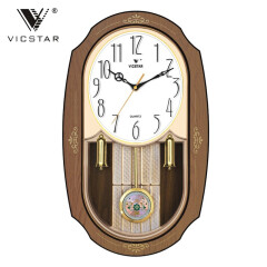 VICSTAR 威时达钟表 豪华新中式客厅摇摆钟 高档挂钟现代家用欧式石英钟 原木色，长48厘米，宽29厘米