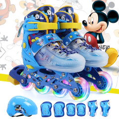 迪士尼（DISNEY） 迪士尼(Disney)溜冰鞋 儿童全套装轮滑鞋男女可调节全闪光滑轮鞋旱冰鞋 加强款米奇蓝色全闪(头盔护具六件套轮滑包) L码(34-38码)