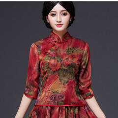 唐装中式真丝旗袍时尚中国风唐装女套装七分袖复古旗袍两件套春夏 上衣 XL