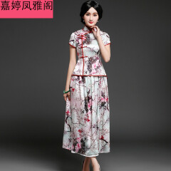 倾城粉黛唐装两件套装中式女装中国风夏季新款改良时尚真丝旗袍套裙 花色 S