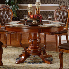 意伟旗林欧式实木餐桌椅组合圆形饭桌实木雕花带转盘餐桌1.8米大圆桌1.5米 1.2米餐桌